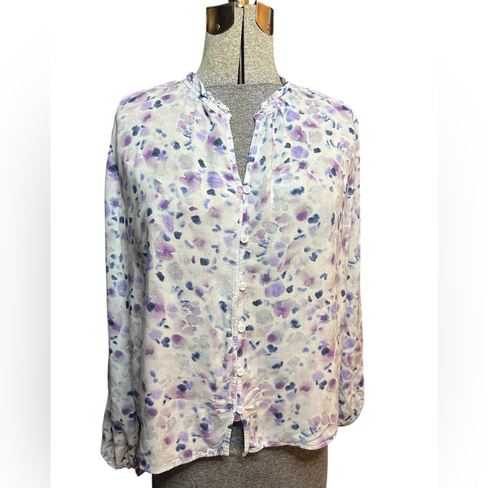 Cloth & Stone floral print, ruffle-neck button-down blouse